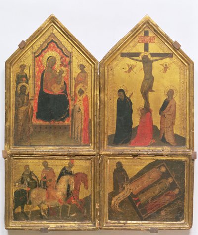 Madonna en Kind met Heiligen, de Kruisiging en de Legende van de Drie Levenden en de Drie Doden door Bernardo Daddi